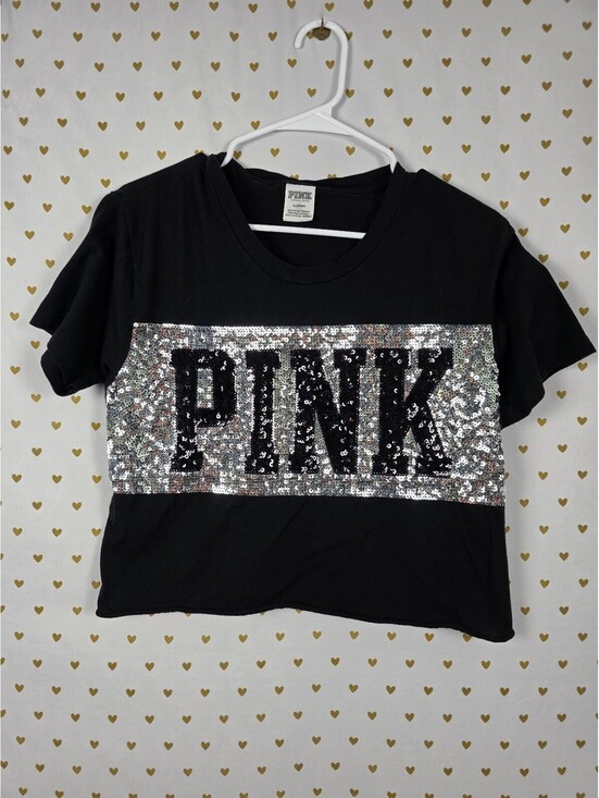 PINK Victoria's Secret Tops - Victorias Secret PINK Cropped MEGA BLING Sequined Tee shirt MEDIUM